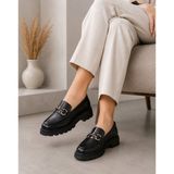 Zenora Shoes Kadın Tokalı Loafer Makosen Siyah Cilt Kalın Tabanlı Ayakkabı - Cilt Siyah