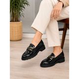 Zenora Shoes Kadın Tokalı Loafer Makosen Siyah Rugan Kalın Tabanlı Ayakkabı - Rugan - Siyah