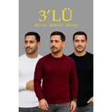 Zenvia Erkek Fitilli Triko Bisiklet Yaka Kalın Kazak 3'lü Set Beyaz-Bordo-Siyah - Renkli - Standart