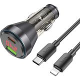 Zenvia Hoco NZ12B Unimpeded PD48W USB + Type-C Araç Çakmaklı Hızlı Şarj Aleti + Type-C To iPhone Kabl - Siyah