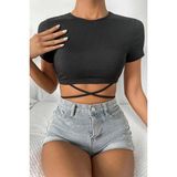 Zenvia Znva™ Kadın Siyah Yarım Kol Çapraz Bağlamalı Crop Top Bluz - S - M