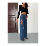 Zeo Basic KADIN NAKIŞ DETAYLI WİDE-LEG JEAN KOT PANTOLON