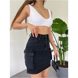 Zeo Basic Kargo Cep Detaylı Mini Denim Etek - Siyah - 36