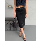 Zeo Basic Yırtmaçlı Midi Boy Likralı Jean Etek - Füme - 34
