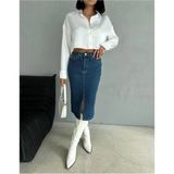 Zeo Basic Yırtmaçlı Midi Boy Likralı Jean Etek - Mavi - 32
