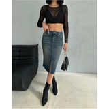 Zeo Basic Yırtmaçlı Midi Boy Likralı Jean Etek - Tint - 34
