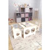 Zeo Wood Design Montessori Çocuk Oyun & Aktivite & Çalışma Masa ve 2 Sandalye - Beyaz