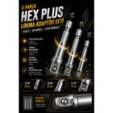Zephoo 3 Parça Hex Plus Lokma Adaptör Seti 1/4" 3/8" 1/2" Altıgen Şaftlı Lokma Dönüştürücü Adaptör Uç Seti Matkap ve Şarjlı Vidalama Uyumlu Bilyeli Kilit Sistemli Dayanıklı Çelik Gövde