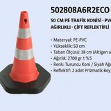 Zeplin Pe Trafik Konisi | Pvc Ağırlıklı – Çift Reflektifli– 50 cm - yok