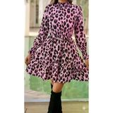 Zera Kadın Uzun Kollu Yarı Balıkçı Yaka Leopar Desenli Modal Mini Elbise