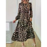 Zera Uzun Kollu Bisiklet Yaka Leopar Desenli Midi Süprem Elbise