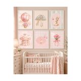 Zerawall Kız Bebek Odası Pastel 6’lı Çerçeve Görünümlü Çerçevesiz MDF Tablo Seti – Tavşan, Balon, Atlıkarınca ve Çiçek Desenli