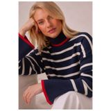 ZERELLE COLLECTİON kadın lacivert çizgili balıkçı yaka kırmızı şeritli oversize triko kazak