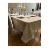 Zeren Home Dantel Detaylı Polyester Keten Dertsiz Masa Örtüsü Kapuçino, 150 x 220