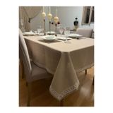 Zeren Home Dantel Detaylı Polyester Keten Dertsiz Masa Örtüsü Kapuçino, 150 x 260
