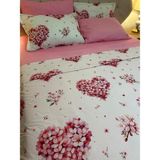 Zeren Home Kalp Desenli Çift Kişilik Lastikli Çarşaf Nevresim Takımı 4 Parça - 200 x 220 cm - Pembe