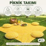 Zeren Home Keten Sıvı Geçirmez Puantiyeli Piknik Seti 4 Minderli Piknik Masa Örtüsü Bahçe Kamp Piknik Takım