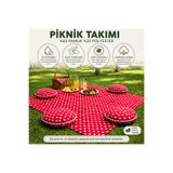 Zeren Home Keten Sıvı Geçirmez Puantiyeli Piknik Seti 4 Minderli Piknik Masa Örtüsü Bahçe Kamp Piknik Takımı
