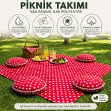 Zeren Home Keten Sıvı Geçirmez Puantiyeli Piknik Seti 4 Minderli Piknik Masa Örtüsü Bahçe Kamp Takımı (Kırmızı)