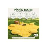 Zeren Home Keten Sıvı Geçirmez Puantiyeli Piknik Seti 4 Minderli Piknik Masa Örtüsü Bahçe Piknik Takımı Sarı