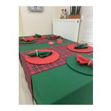 Zeren Home Koyu Yeşil Masa Örtüsü, Yılbaşı Ekose Runner, 6 Supla Seti, 6 Peçete 150 x 220