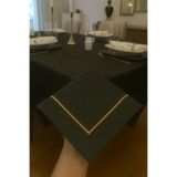 Zeren Home Piko Gold Sarma Detaylı Polyester Keten Dertsiz Masa Örtüsü Simli Siyah, 150 x 220