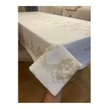 Zeren Home Simli Gold Nakış İşleme Detaylı Dertsiz Masa Örtüsü Kırık Beyaz + 12 Gold Peçete, 150 x 220