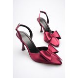 Zerenyus Dublin Premium Bordo Fiyonklu Saten Slingback Topuklu Ayakkabı