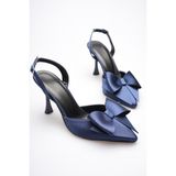 Zerenyus Dublin Premium Lacivert Fiyonklu Saten Slingback Topuklu Ayakkabı