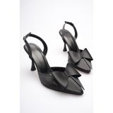 Zerenyus Dublin Premium Siyah Fiyonklu Saten Slingback Topuklu Ayakkabı