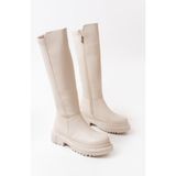 Zerenyus Knee-High Premium Bej Arkası Streç Fermuarlı Kadın Çizme