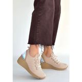 Zerenyus Weor Premium Bej Triko Bağcıklı Kadın Dolgu Topuklu Sneaker