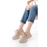 Zerenyus ZR-2024 Yüksek Kalite Bej Bağcıklı Triko Taşlı Slip-On Kadın Spor Ayakkabı
