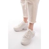 Zerenyus ZR-2024 Yüksek Kalite Beyaz Bağcıklı Triko Taşlı Slip-On Kadın Spor Ayakkabı