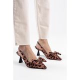 Zerenyus ZR-T1 Premium Leopar Fiyonklu Kitten Topuklu Slingback Kadın Topuklu Ayakkabı