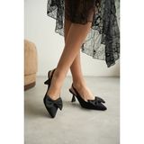 Zerenyus ZR-T1 Premium Siyah Fiyonklu Kitten Topuklu Slingback Kadın Topuklu Ayakkabı