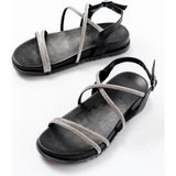 Zerenyus ZRİN-1001-1105 Premium Siyah Gümüş Taşlı Günlük Kadın Sandalet - Siyah - Siyah