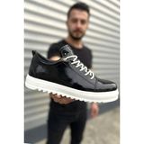 Zerenyus ZRJ152 Yüksek Kalite Bağcıklı Erkek Günlük Spor Casual Ayakkabı - Siyah Beyaz Rugan