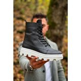 Zerenyus ZRK-X0993 Premium Siyah Beyaz Yüksek Taban Erkek Bağcıklı Fermuarlı Postal Bot