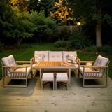 Zerka Concept Almond Metal Bahçe Balkon Teras Koltuk Takımı 3+1+1 Masa 2 Puf Ahşap Metal Konforlu Kullanım