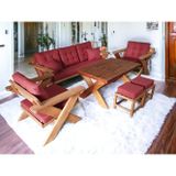 Zerka Concept Berlin Masif Ahşap Bahçe Balkon Koltuk Kestane Ağacı 3+1+1 Koltuk, Masa ve Puf Takımı Bordo K.t.
