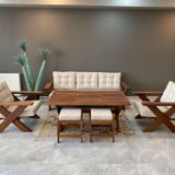 Zerka Concept Verona Masif Ahşap Bahçe Balkon Koltuk Takımı Kestane Ağacı 3+1+1 Koltuk, Masa Ve Puf Takımı Krem