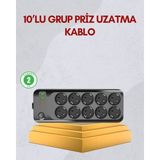 Zero Land Nrzsnt 10 Prizli Uzatma Kablosu Termal Koruma USB Type-C Hızlı Şarj 2500W