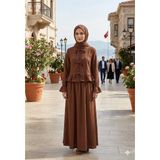 Zerogaprise Kadın Hırka Fiyonk Eteği Fırfırlı Boydan Tesettür Elbise - 40 - Kahverengi
