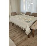 ZESA HOME Lüx Gardenya Keten 12 Kişilik 26 Parça Çınar Desen Ağır Dantelli Masa Örtüsü -160x220...160x500 KREM 160 x 280