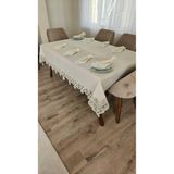 ZESA HOME Lüx Gardenya Keten 12 Kişilik 26 Parça Kalp Desen Ağır Dantelli Masa Örtüsü -160x220...160x500 KREM 160 x 200