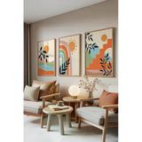 Zestia Ahşap Çerçeveli 3’lü Tablo Seti Boho Manzara – Güneş ve Gökkuşağı Salon Set 30061, 70 x 100