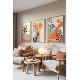 Zestia Ahşap Çerçeveli 3’lü Tablo Seti, Boho Manzara – Güneş ve Gökkuşağı, Salon Set No: 30061 70 x 100