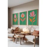 Zestia Ahşap Çerçeveli 3’lü Tablo Seti Çiçek İllüstrasyonu – Yeşil Pembe Salon Set 30118, 15 x 21