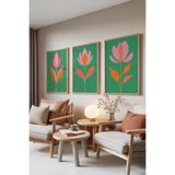 Zestia Ahşap Çerçeveli 3’lü Tablo Seti Çiçek İllüstrasyonu – Yeşil Pembe Salon Set 30118, 21 x 30